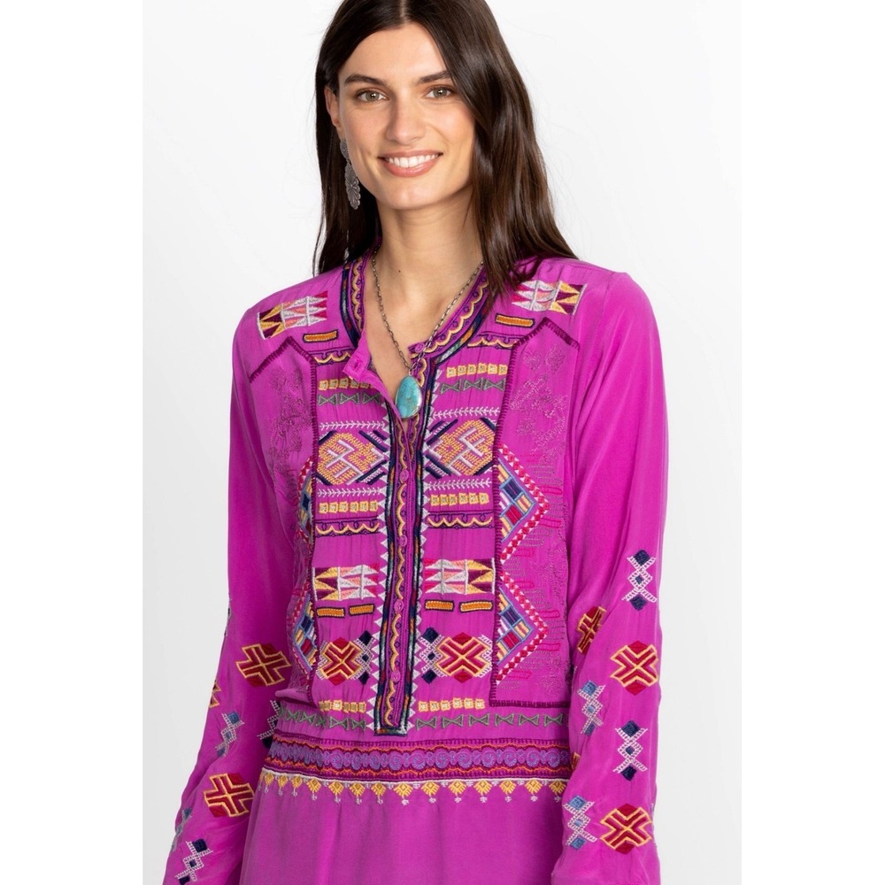 Johnny Was Miraz Tunic 100% Silk Embroidered Boho Long Sleeve S - Picture 2 of 3